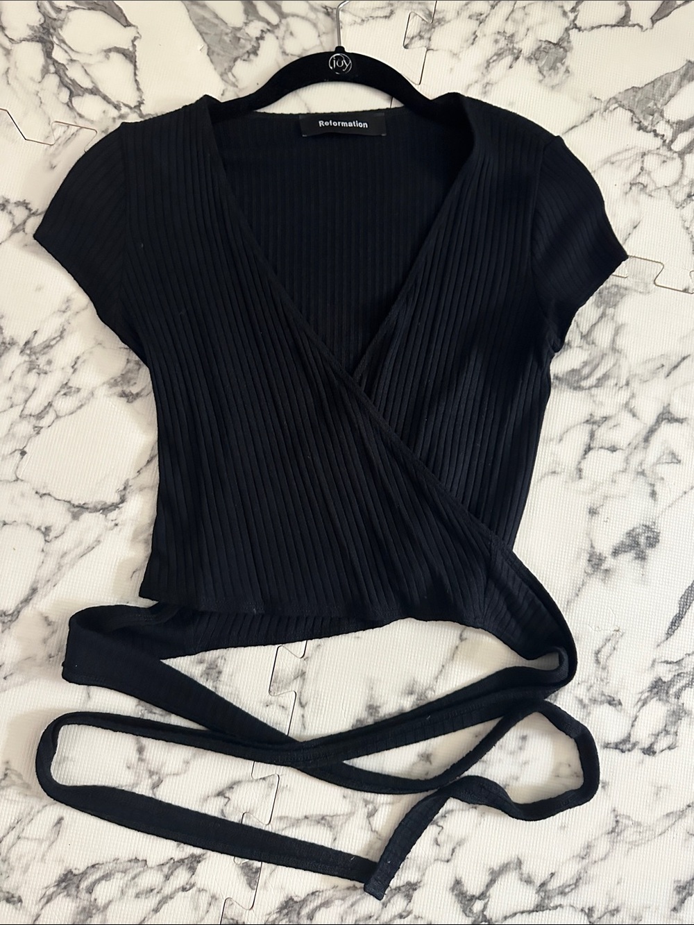 Reformation Black Ribbed Wrap Crop Tee